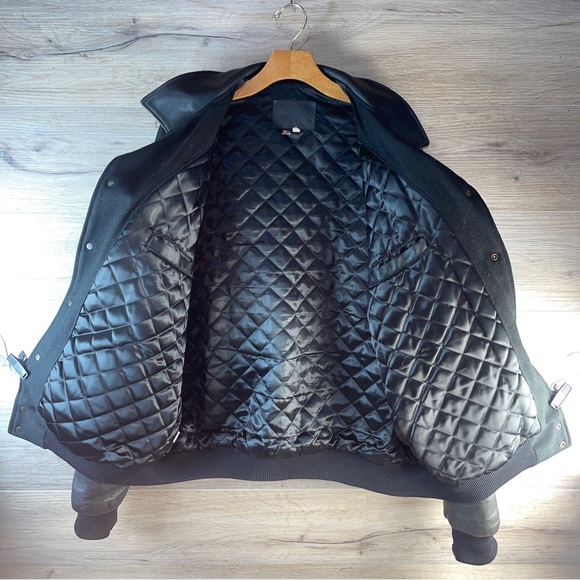 Vintage 90s Black 100% Leather & Wool Letterman Jacket Made in USA Mens XL Long - Picture 9 of 16